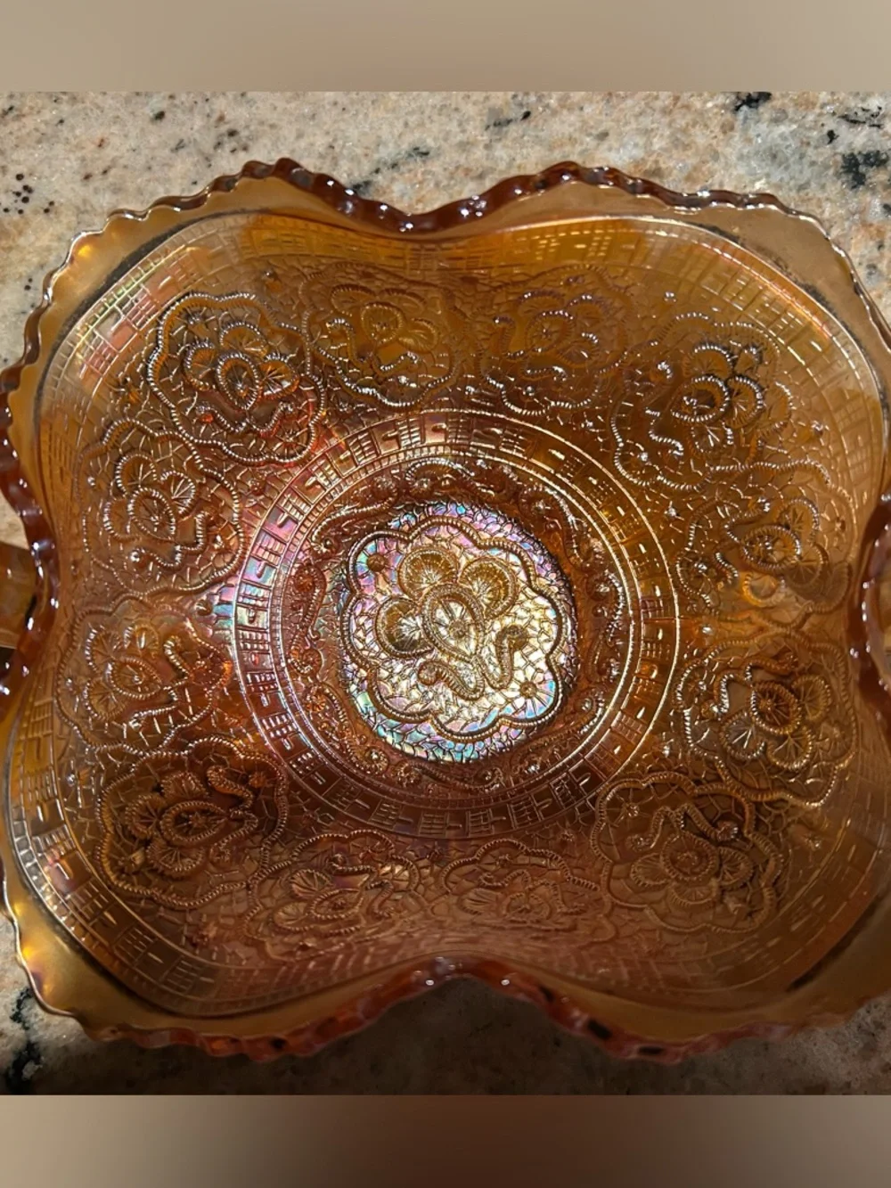 Fenton Persian Medallion Marigold  Carnival Glass Antique Bowl 5”x2.5”